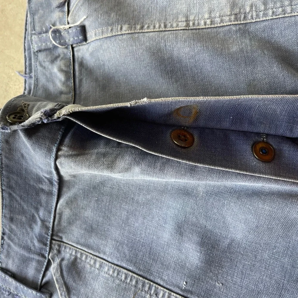 Vintage 40s French Workwear Chore Pants Blue Faded Distressed Button Fly 38x28